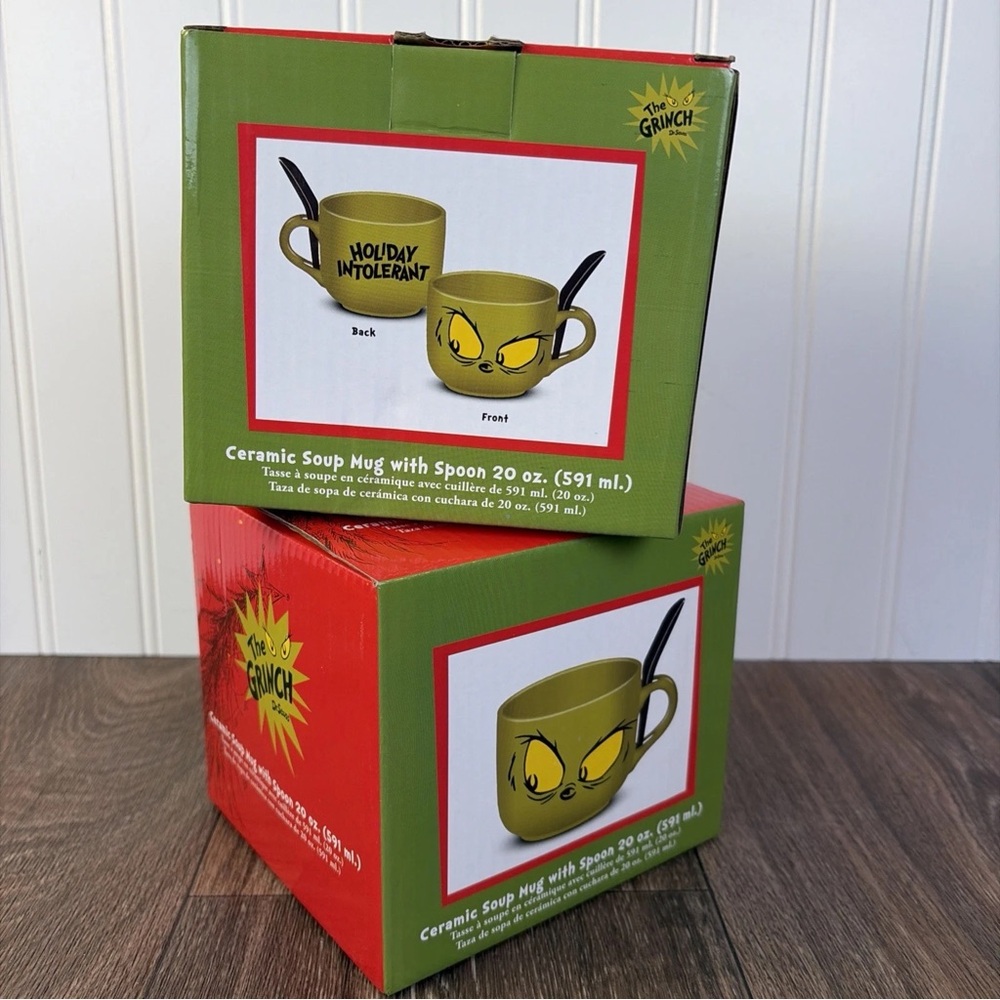 Set of 2 Dr Seuss The Grinch Holiday Intolerant 20 oz Ceramic Soup Mug w/ Spoon
